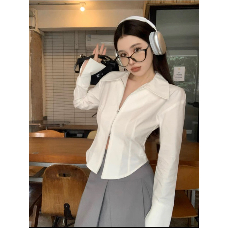 áo cổ sơ mi bẻ phối khóa dáng croptop cá tính