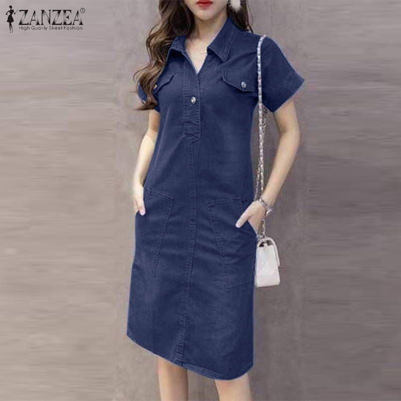 ZANZEA Korean Style Women's Dresses Short Sleeve Turn-Down-Collar Side Pockets Denim Shirt Dress #10