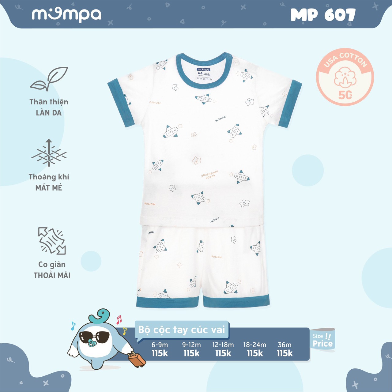 Bộ cộc tay cotton họa tiết trẻ em Mompa