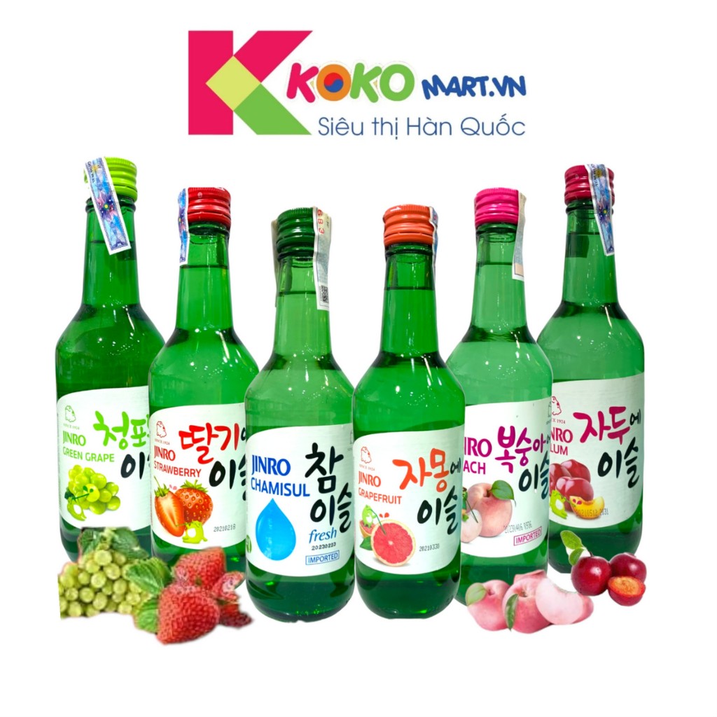 Nước trái cây lên men Soju Jinro Hàn Quốc chai 360ml đủ vị truyền thống,