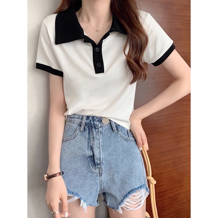 Áo Croptop nữ Cổ Bẻ Áo Thun Polo Basic Cơ Bản Trắng Đen Phối Cổ