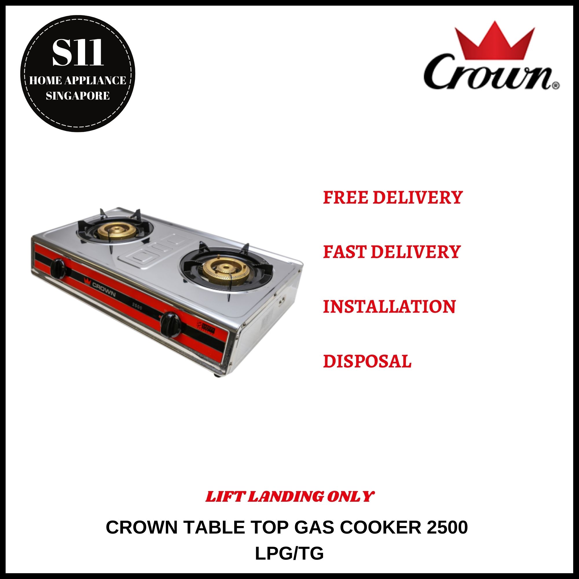 CROWN TABLE TOP GAS COOKER 2500 * TG / LPG * INSTALLATION AVAILABLE