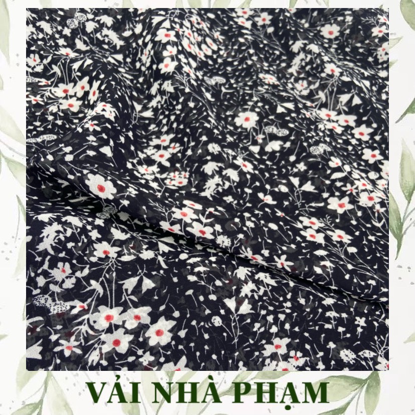 Voan lụa hoa nhí trắng nền đen - khổ vải 1.5m - vải nhà phạm