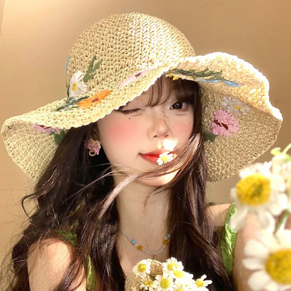 Casual%20Colorful%20Flower%20Straw%20Hat%20Boho%20Wide%20Brim%20Women's%20Sun%20Hats%20Lightweight%20Foldable%20Weave%20Hat%20Travel%20-%20Image%202