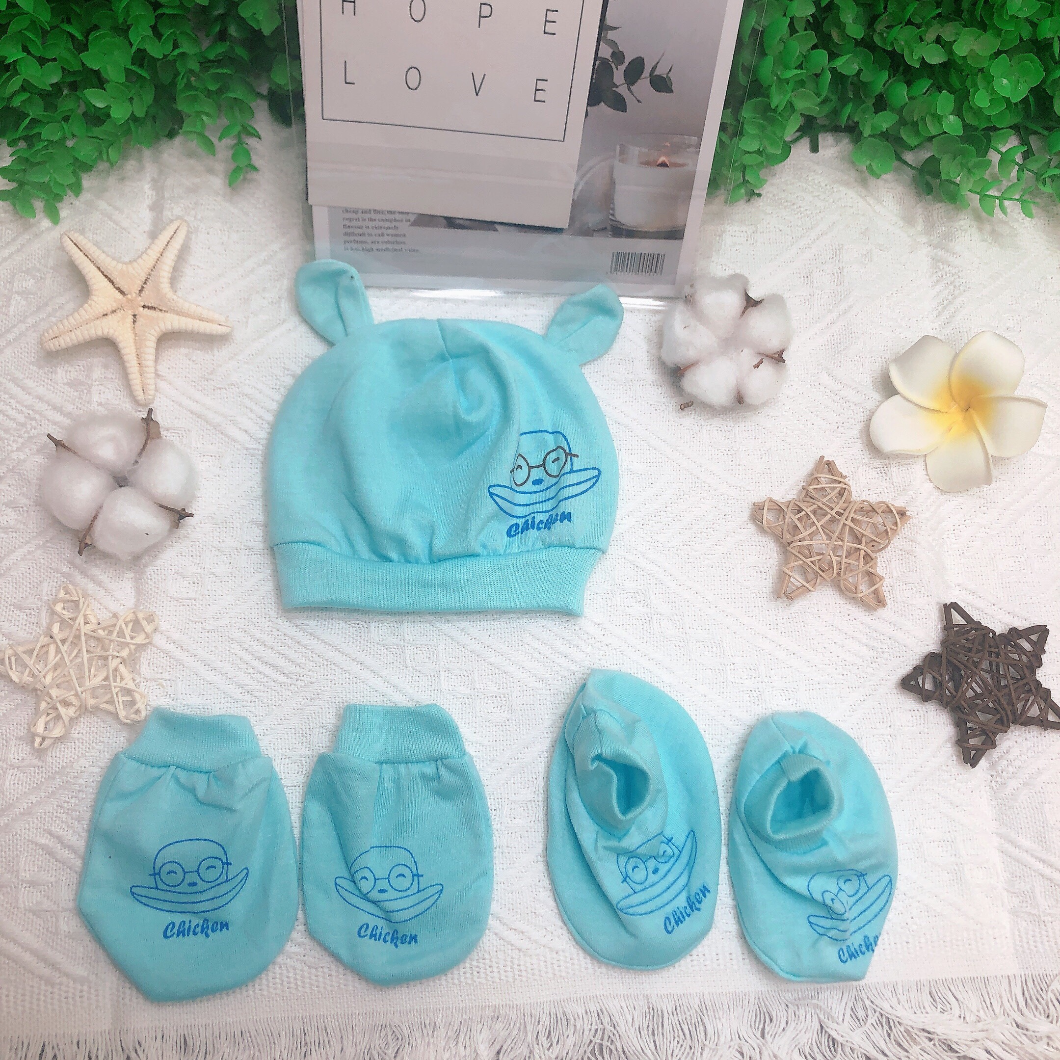 Set mũ kèm bao tay chân Tai thỏ sơ sinh mềm mại ấm áp cho bé dùng được bốn mùa