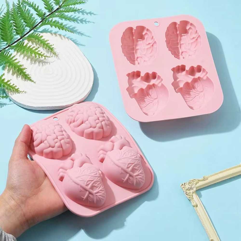 Multi-functional 4 Cavity Halloween Heart Brain Baking Mold Silicone Heat-resistant Organ Shape Baking Mold DIY 3D Ice Cube Tray Pudding.