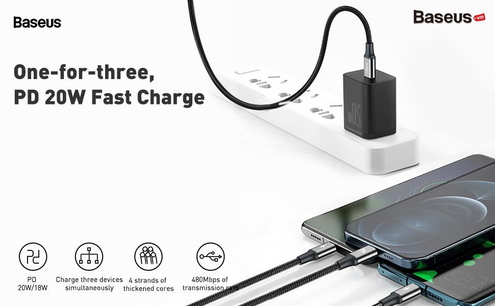 Cáp sạc PD20W Baseus Rapid Series 3 in1 ( Type C to Type C / Lightning/ Micro USB ) Fast Charging & Data Cable dài 1.5m