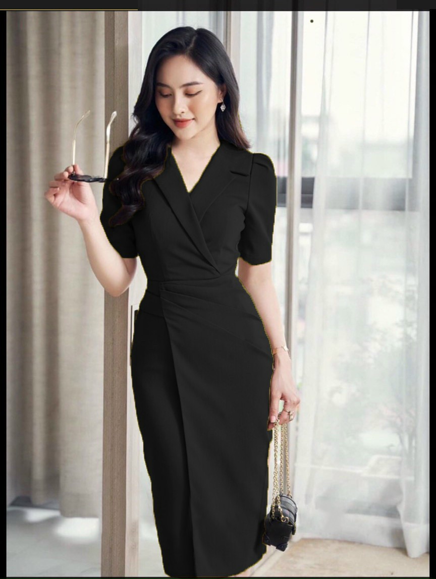 Đầm body cổ vest xếp ly cao cấp - yb220502