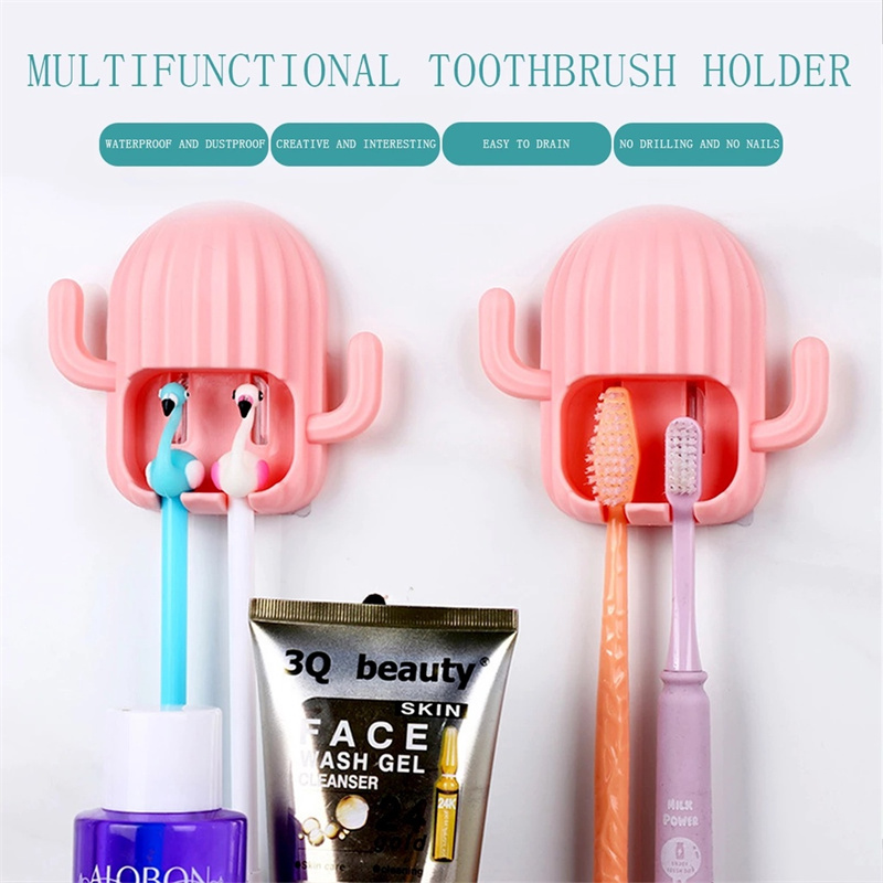 Creative Cactus Shape ABS Toothbrush Holder with Hooks Wall Mounted Toothbrush Storage Rack Bathroom Supplies