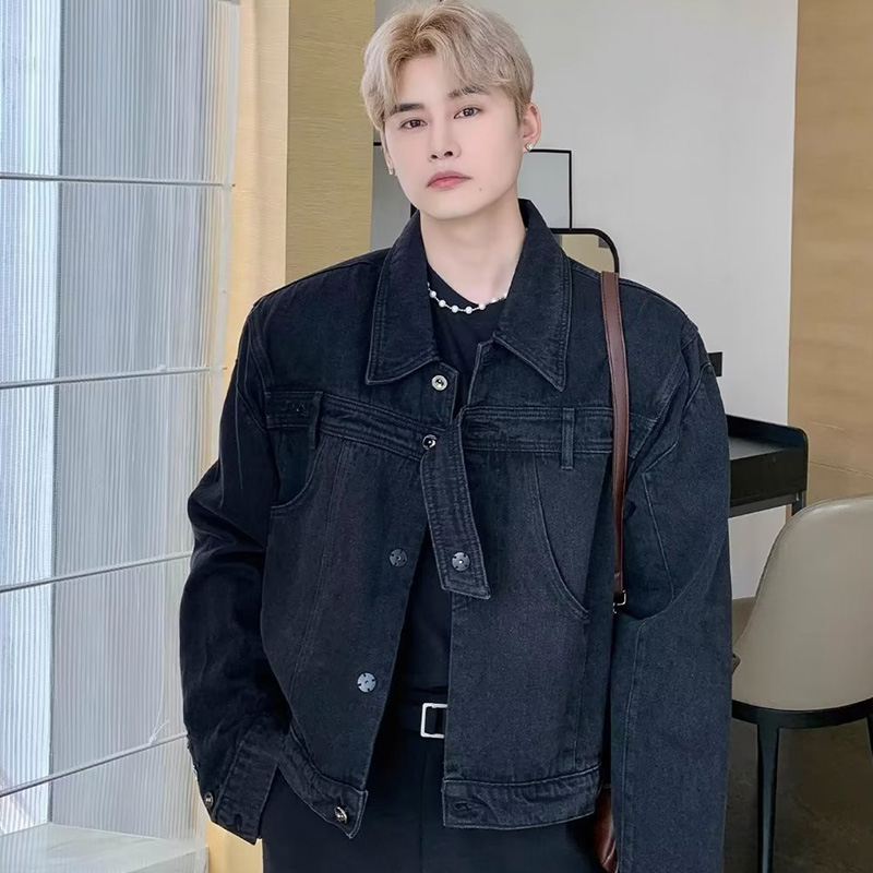 Hanlu Men's fashionable denim jacket lapel jacket handsome motorcycle jacket