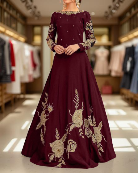 Stylish Flair Embroidered Silk Maxi Dress for Women – Luxury Formal Wear – Party & Wedding Outfit. 