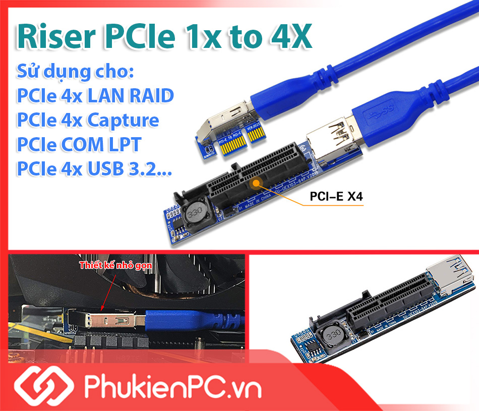 Riser card adapter pcie 1x to pcie 4x specialized for lan card ethernet raid, card usb 3.0, sdi hdmi capture pcie card