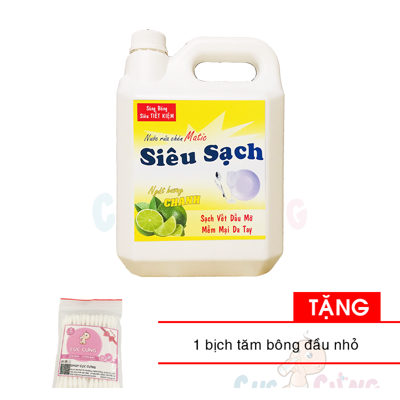 Nước rửa chén hương chanh Matic Siêu Sạch can 5kg Tặng 1 bịch tăm bông đầu nhỏ