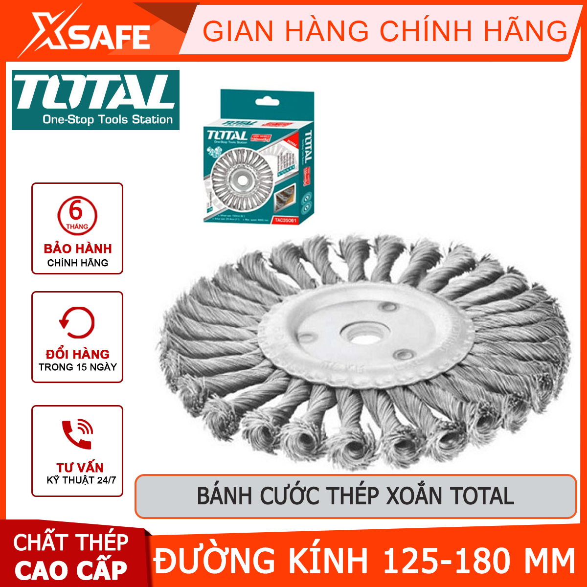 Bánh cước thép xoắn total | bánh mài cước thép xoắn đĩa tròn đường kính 125mm180mm lỗ cốt 22.2mm25.4mm đánh bật những vết cháy, lớp gỉ mối hàn, vết gỉ sắt, lớp sơn cũ