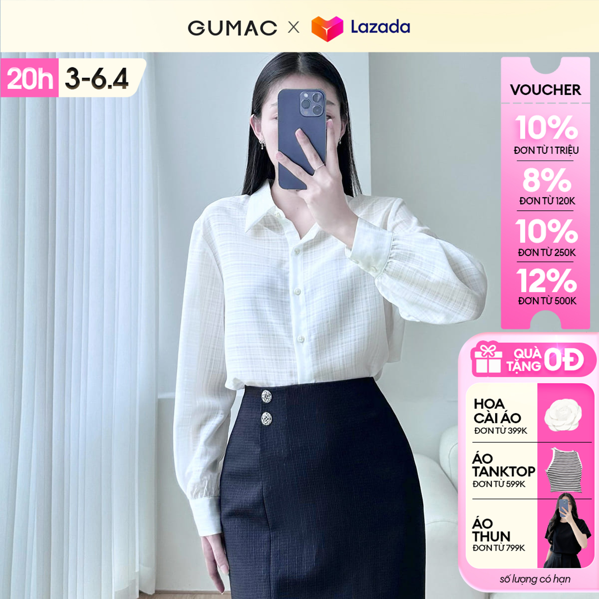 Áo sơ mi nữ bâu nhọn thời trang GUMAC AE01080