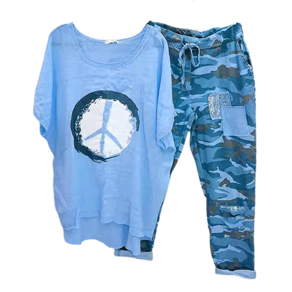 1 Set T-shirt Pants O-Neck Two Piece Set Asymmetrical Lace-up T-shirt Pants. 