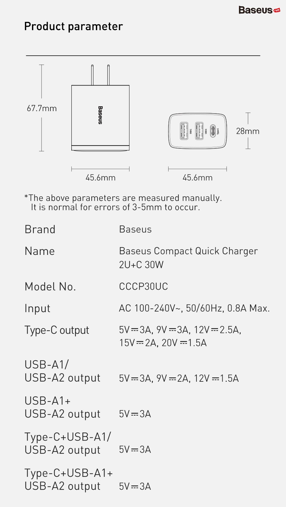 Cốc sạc nhanh 3 cổng Baseus Compact USB dual port + TypeC 30W PD/QC3.0 - Nhất Tín Computer