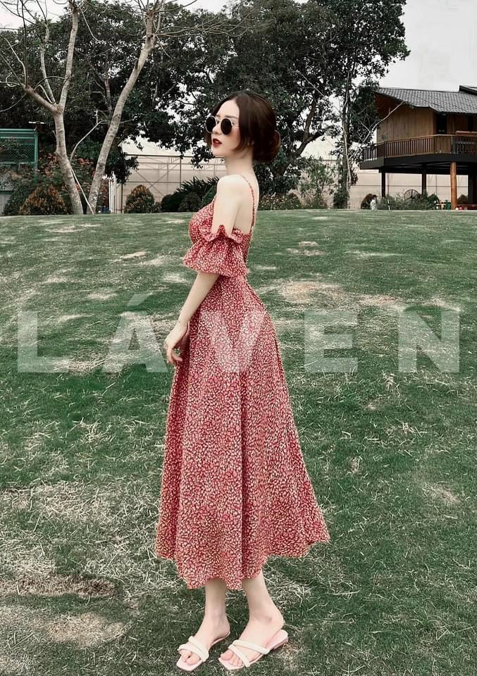 đầm lụa hở vai có mút màu hoa xinh lung linh dx22