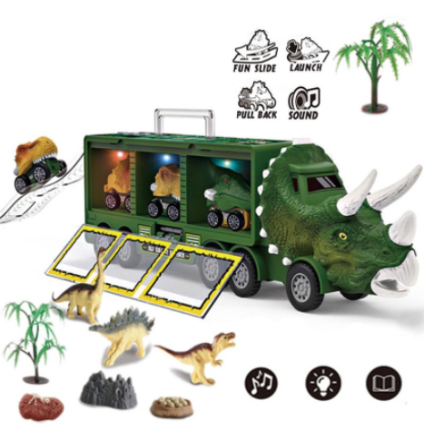 Fun dinosaur truck toy, Dinosaur truck carrying baby dinosaurs, Dinosaur truck with music, twinkling lights, Dinosaur car that simulates the ancient world of dinosaurs, Set of 3 fun skateboard dinosaur cars