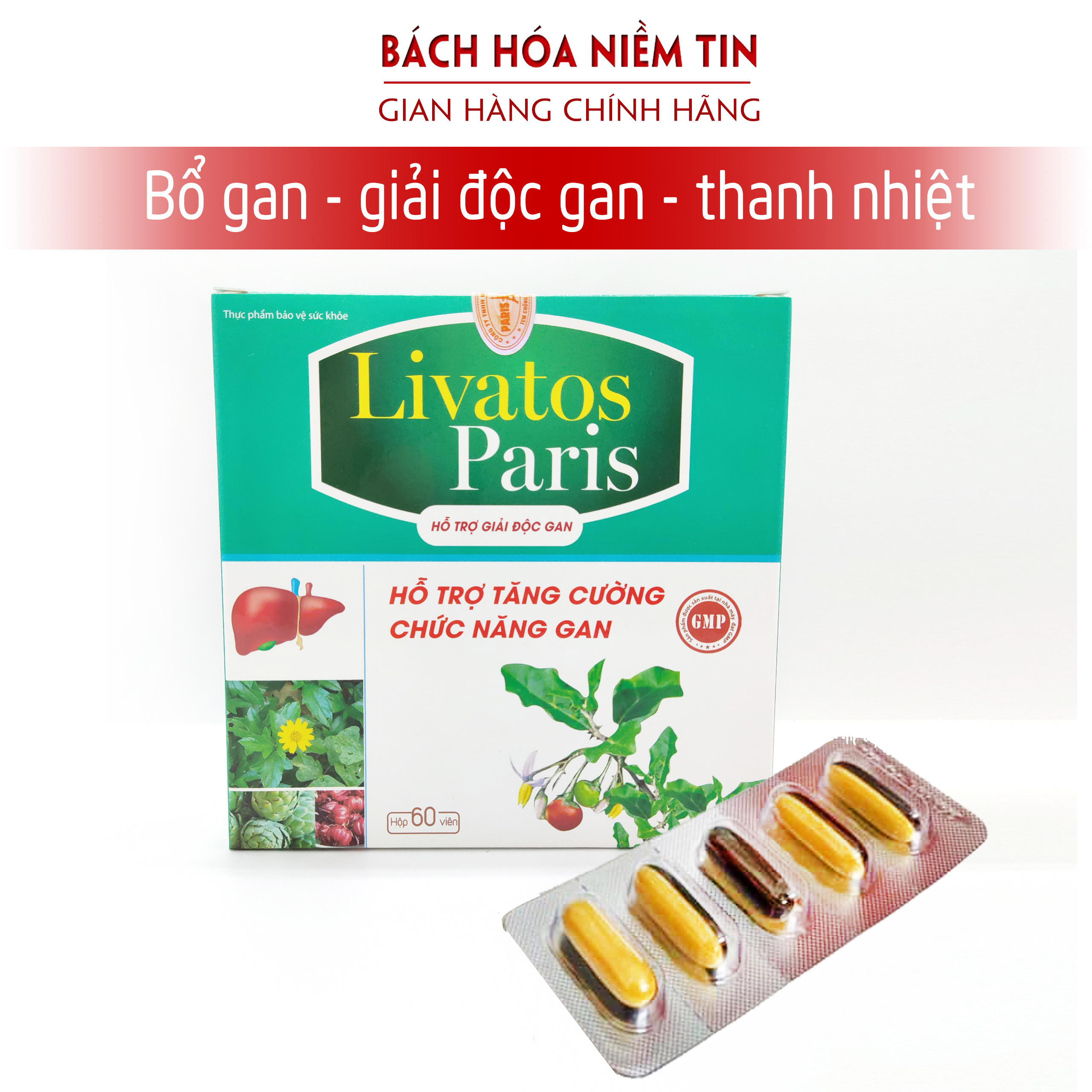 Viên uống giải độc gan Livatos -Paris - Tăng cường chức năng gan hạ men gan giảm gan nhiễm mỡ hiệu quả - Hộp 60 viên - Chuẩn GMP