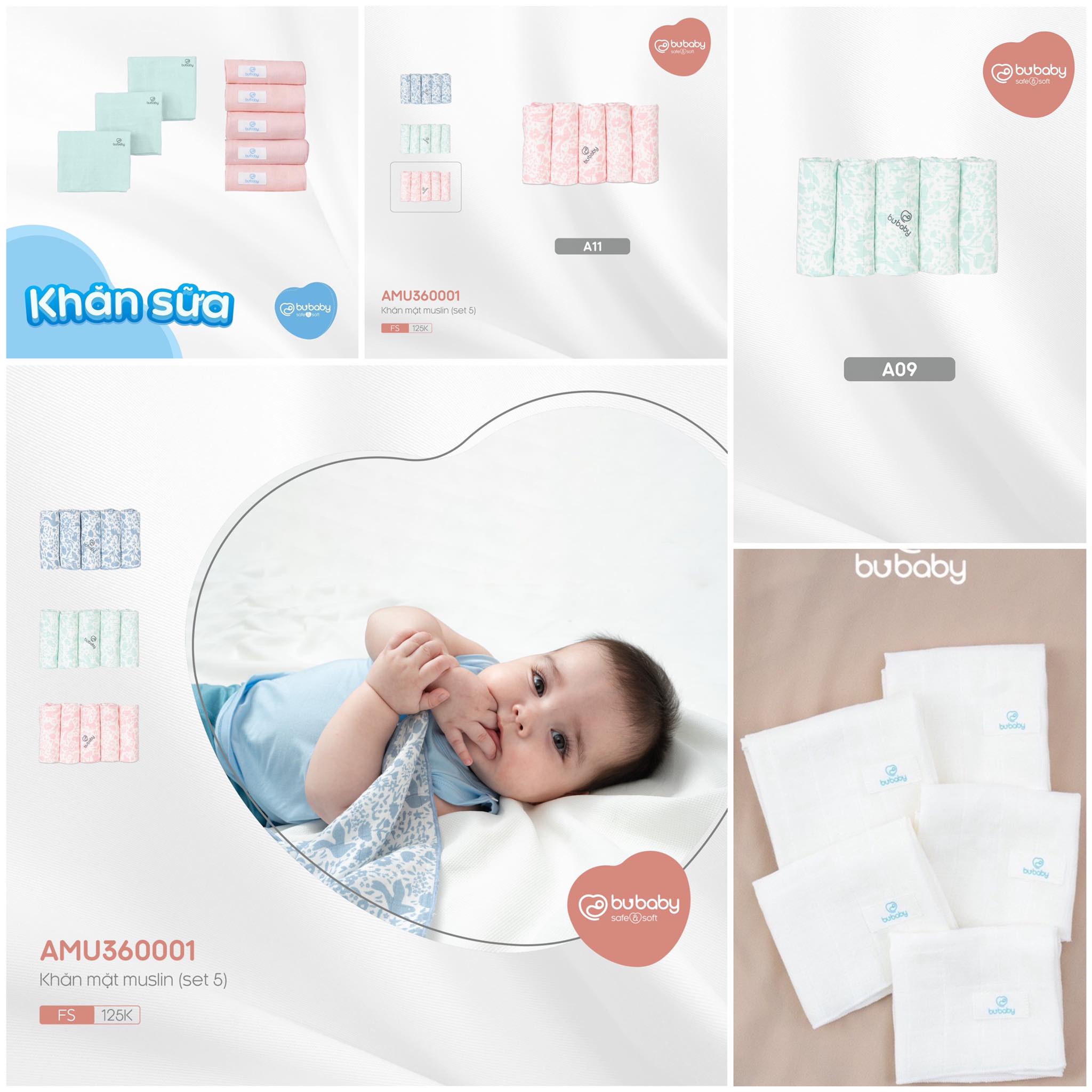 Set 5 khăn mặt Muslin trẻ em Bu