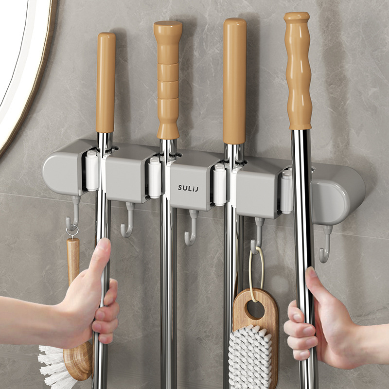 Mop Holder Wall Mounted Mop Organizer Holder Rackbrush Broom Hanger Hook Adhesive Multi-purpose Hooks Hanger Without Punching (4 Racks with 5 Hooks)(Grey, White)
