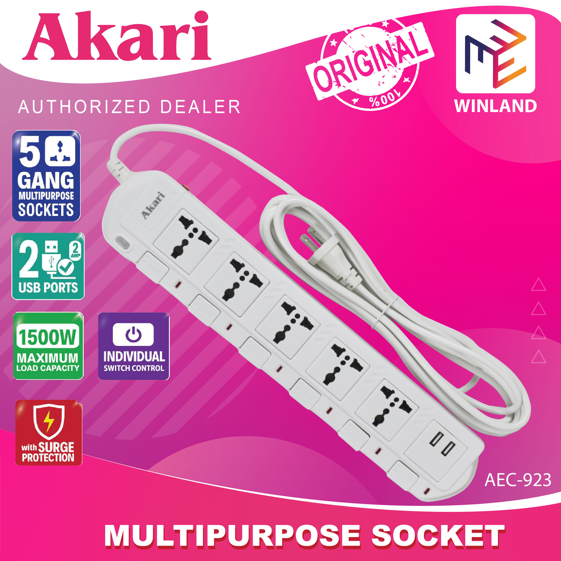 AKARI by Winland 5 Gang Multipurpose Sockets with USB Port Power