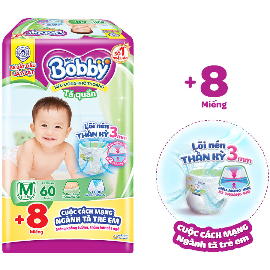 Tã quần Bobby size M 60+8 miếng (cho bé 6 - 11kg)
