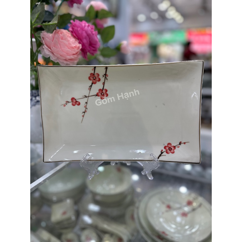 Bộ bát đĩa gốm Bát tràng đẹp vẽ đào đỏ - Bán lẻ từng món - Bát đĩa gia đình