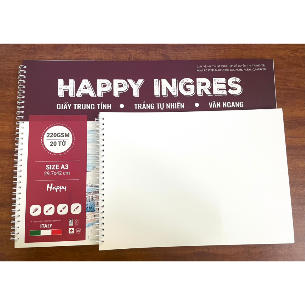Sổ Vẽ Happy Canson Ingres Vân Ngang A4/A3 220gsm (Giấy vẽ Màu nước, Acrylic, Marker, Màu Sáp...)