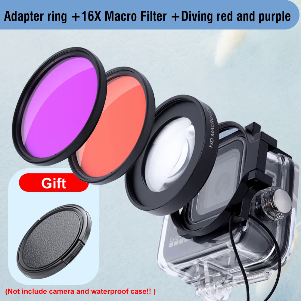 16x macro HD filter for GoPro 11 10 9 8 black waterproof case diving red purple filter cap 58mm adapter ring