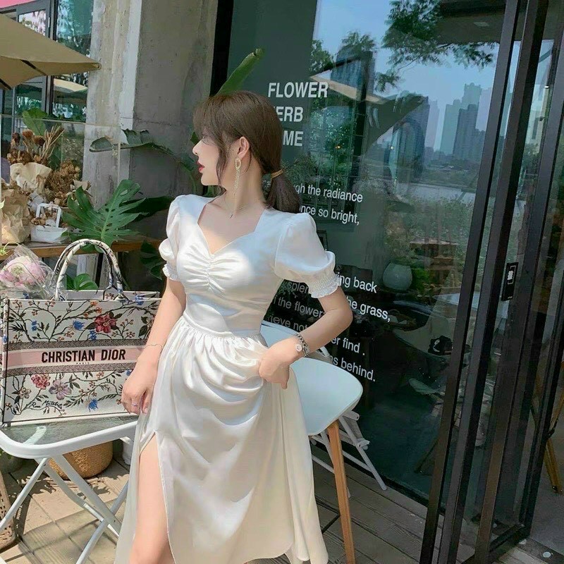 Đầm tay phồng nhún ngực xẻ tà T&H