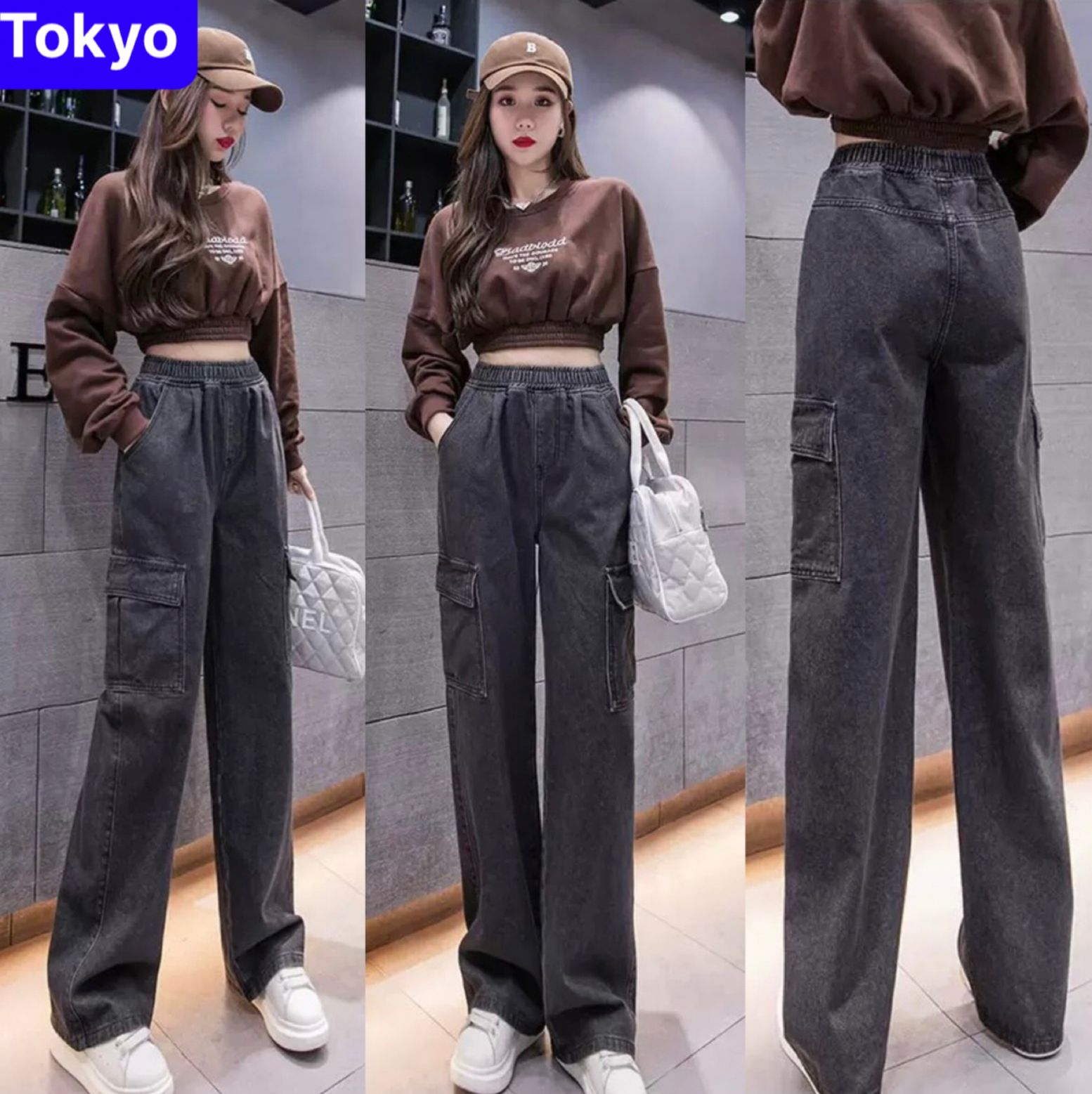 QUẦN BAGGY JEAN NỮ CHẤT BÒ XÁM XANH LƯNG THUN CẠP CHUN TÚI HỘP ỐNG RỘNG XUÔNG DÀI LƯNG CAO NÂNG MÔNG NHẬT BẢN NEW - TOKYO FASHION