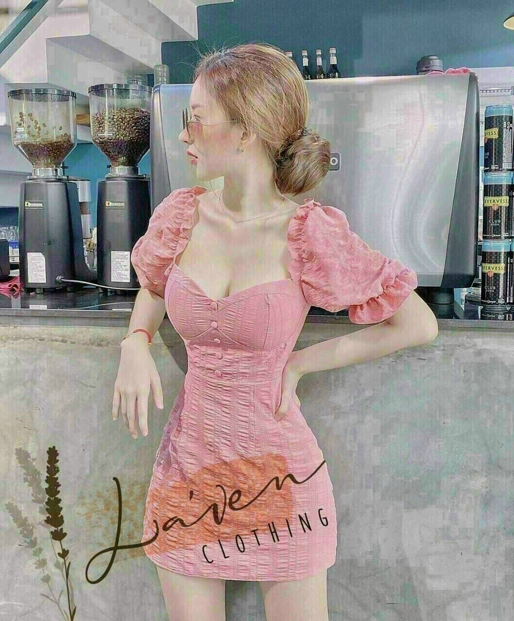 Đầm nữ tay phồng đính nút ( có mút ngực )