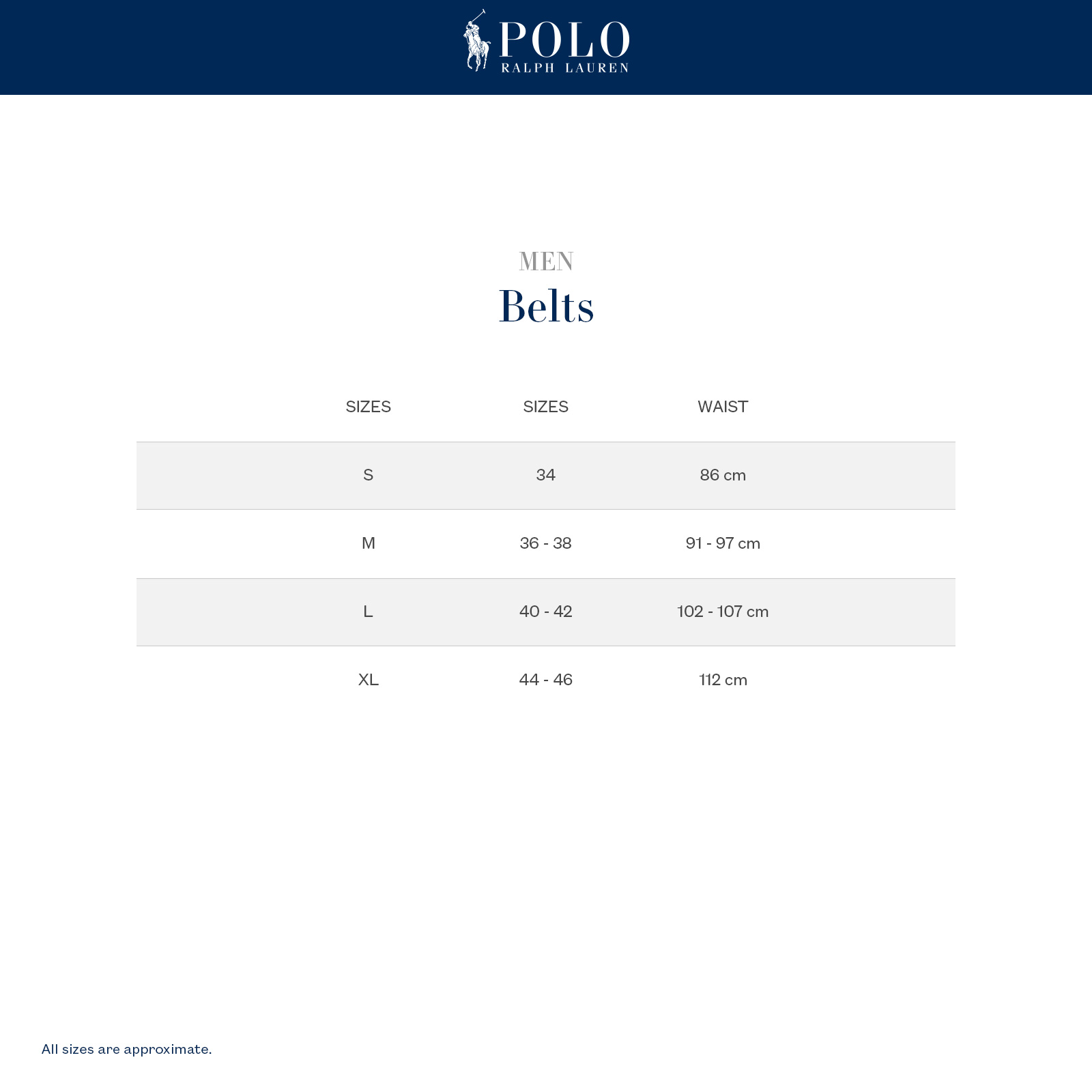 Polo ralph lauren 2024 belt size chart