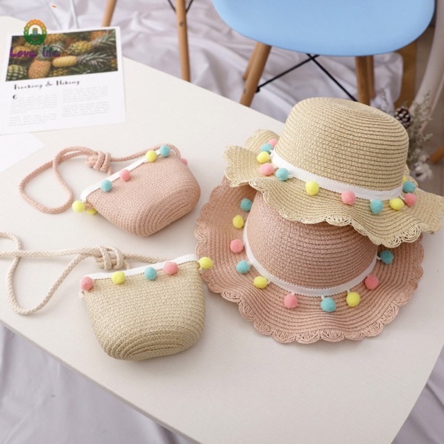 Set mũ kèm túi cói đính hạt len cho bé