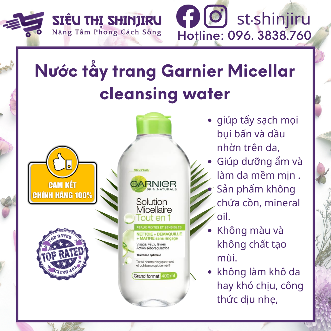 Nước tẩy trang Garnier Micellar cleansing water Nga/Pháp [Loại 400ml].