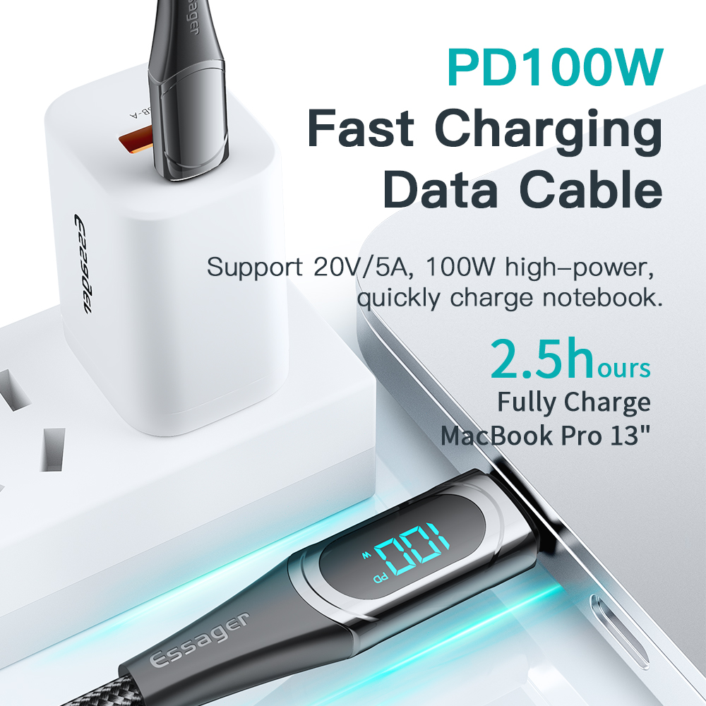 Essager Cáp USB C PD 100W Cáp Dữ Liệu Hiển Thị Kỹ Thuật Số Type C Sang Type C 5A Cáp Sạc Nhanh Cho Xiaomi Samsung Huawei Cáp Ngày Type C Cho Máy Tính Bảng