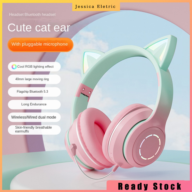 Wireless Bluetooth-compatible Headphone Gradient Color Luminous Cat Ears Gaming Headset Lovely Christmas Gifts