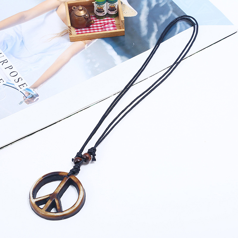 Retro Handmade Peace Symbol Pendant Necklace Long Rope Chain Ethnic Jewelry. 