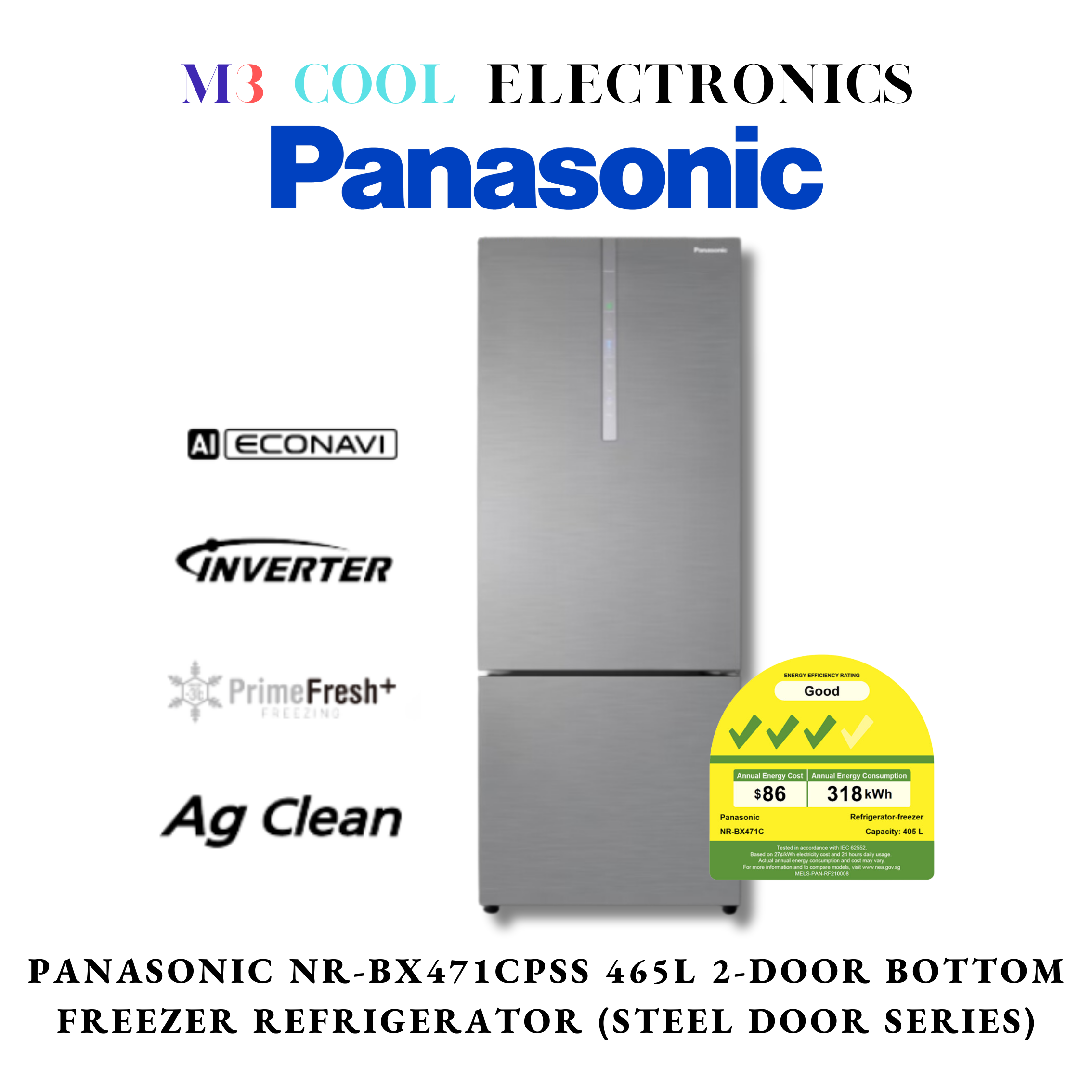 PANASONIC NR-BX471CPSS 465L 2-DOOR BOTTOM FREEZER REFRIGERATOR
