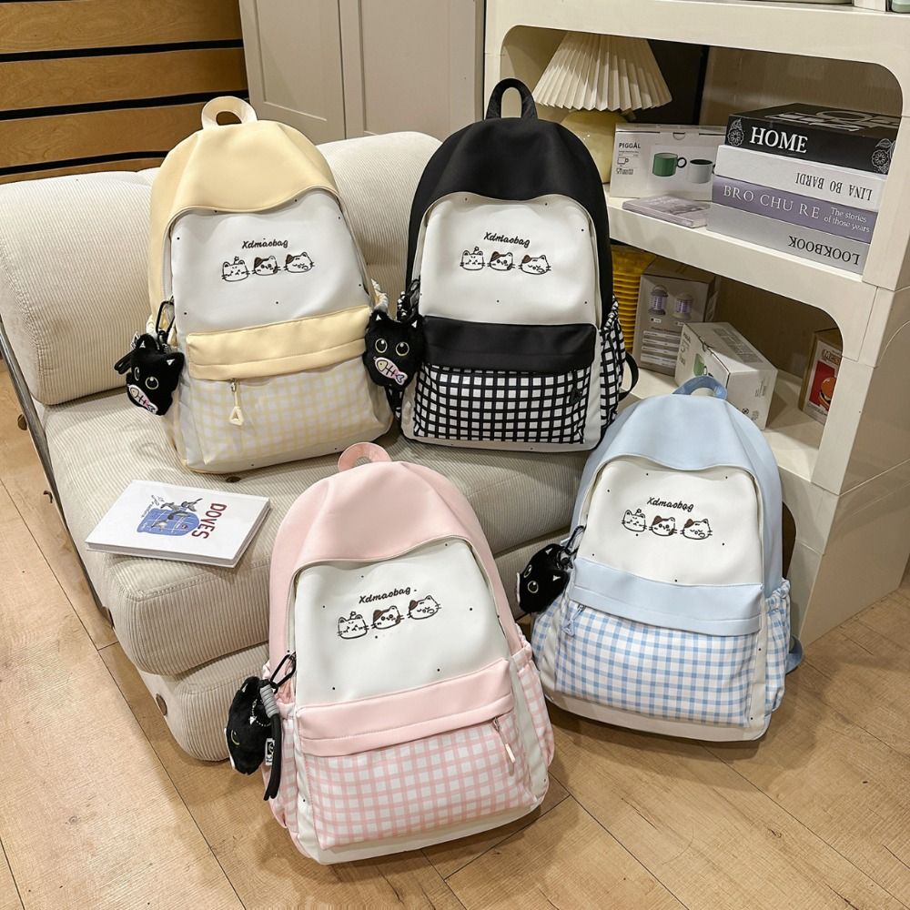 New%20Cat%20Checkered%20Pattern%20Women%20Backpack%20Large%20Capacity%20Nylon%20Travel%20Bag%20Casual%20Portable%20Schoolbag%20School%20Use%20-%20Image%203