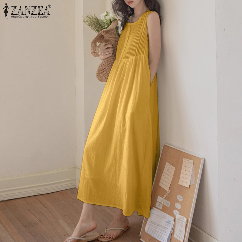 ZANZEA%20Korean%20Style%20Women's%20Dresses%20New%20Fashion%20Sleeveless%20Round%20Neck%20Pleated%20Casual%20A-Line%20Dress%20-%20Image%202