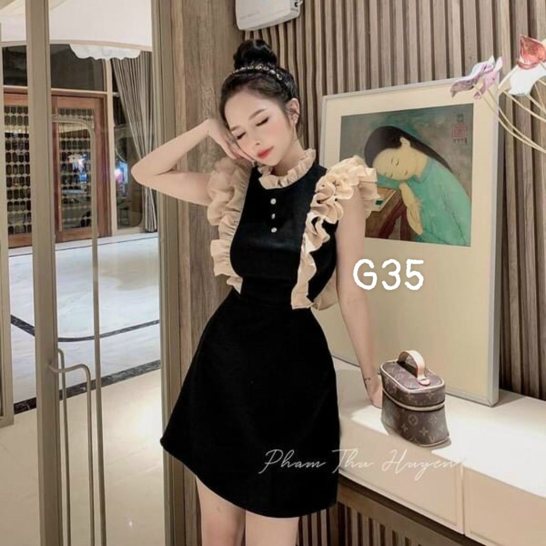 Đầm nữ cổ tròn sát nách cánh tiên dáng xòe đính nút G35