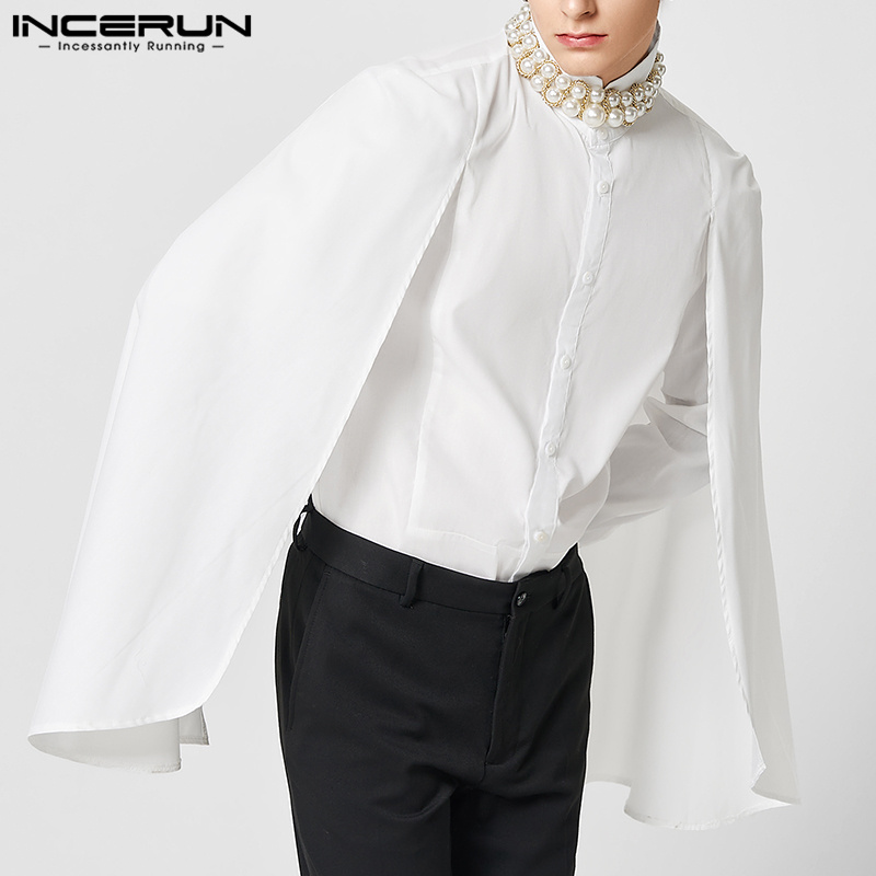 INCERUN Mens Elegance Patchwork Cloak Plain Shirts Formal Party Lapel Tops (Western Style)