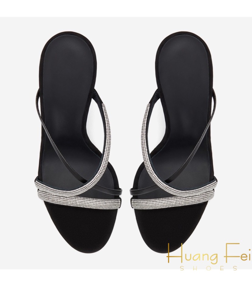 Guốc cao gót 3 dây đính cườm gót cao 7 cm