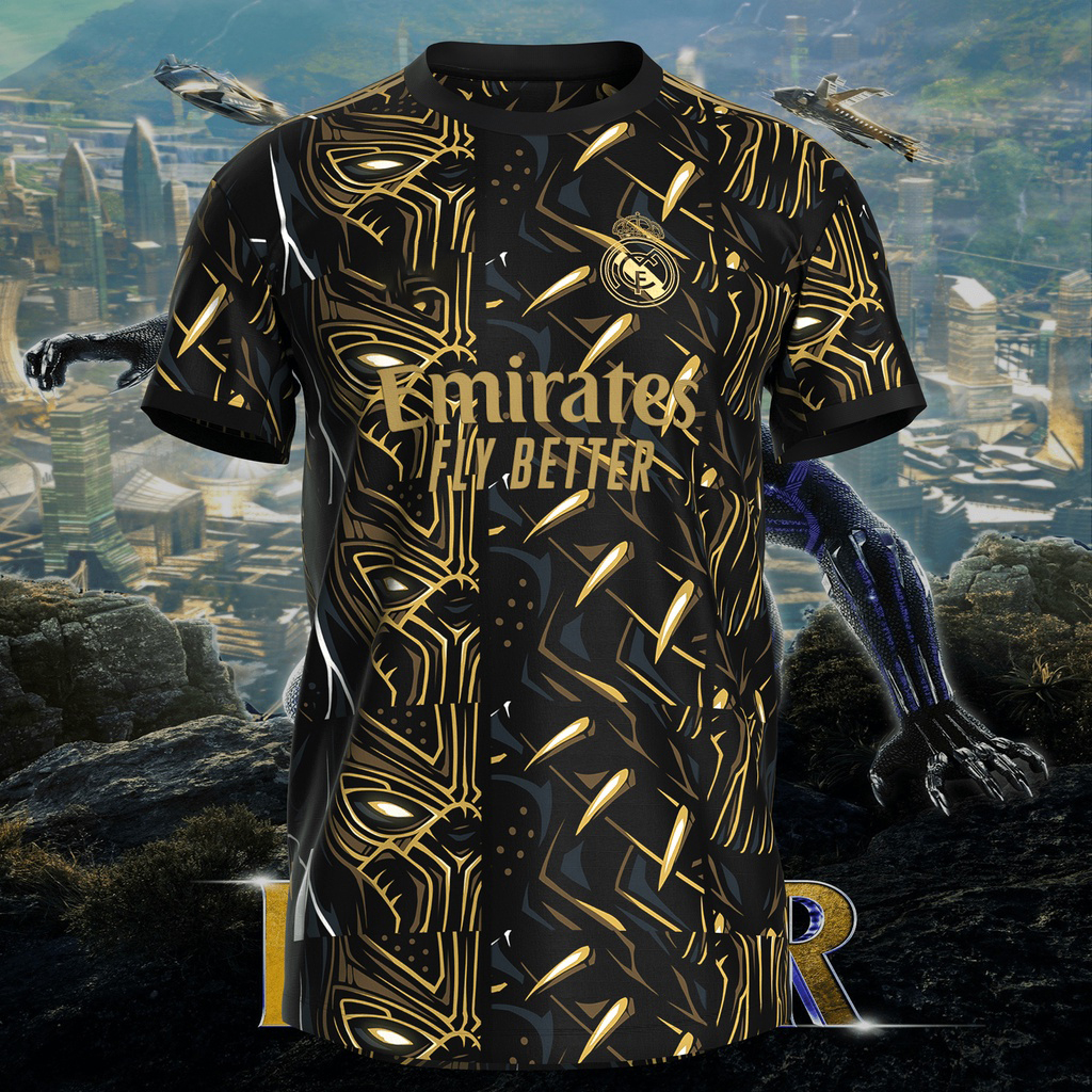 madrid x real black panther sublimation tshirt bu jersey