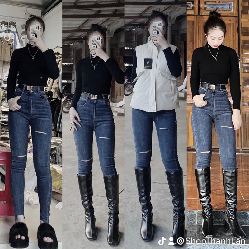 Jeans dài lưng cao co giãn rách PT 2024