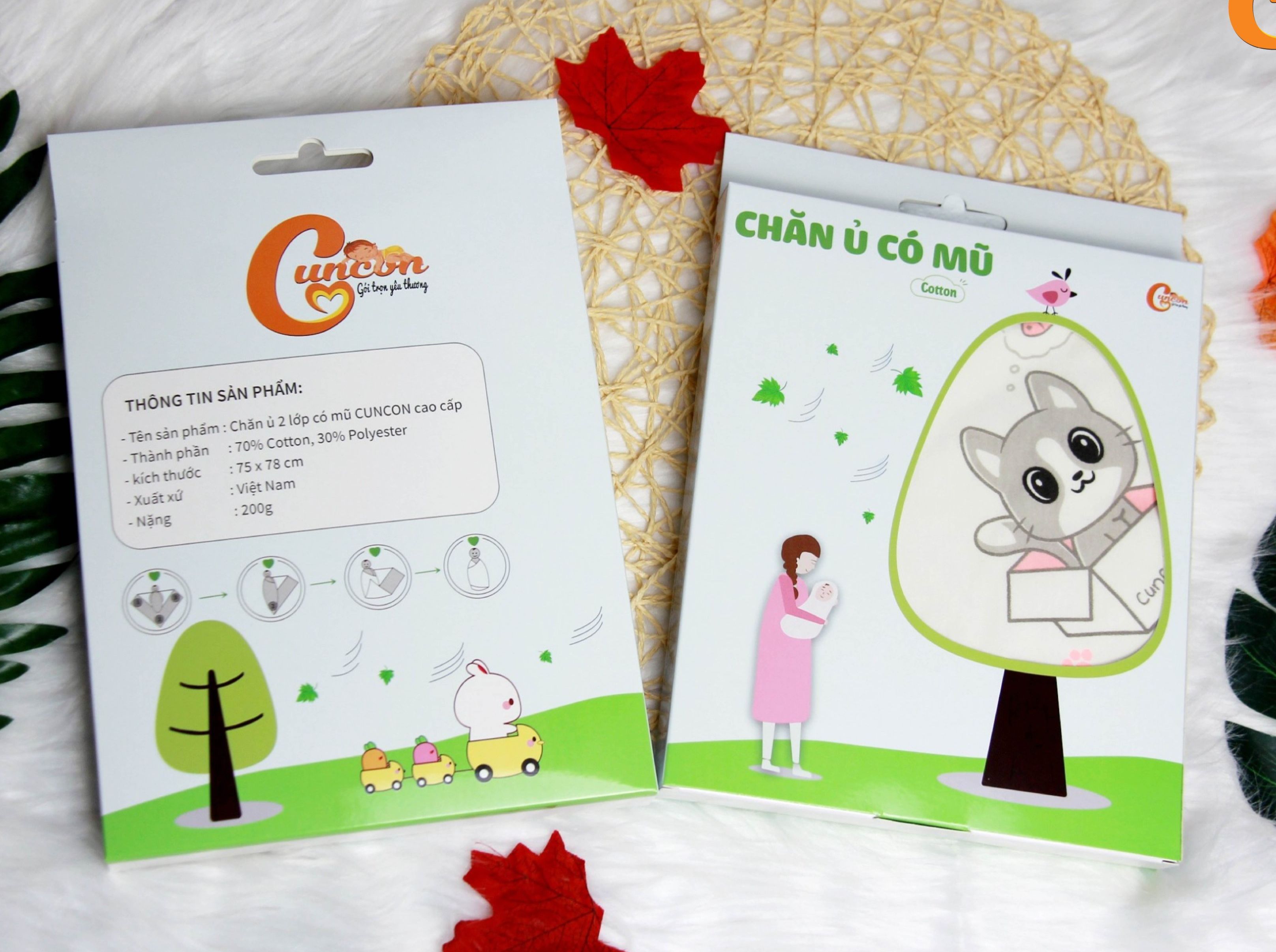 (KT 75x78cm) KHĂN Ủ CHOÀNG SƠ SINH CÓ NÓN CHO BÉ - HIỆU CÚN CON