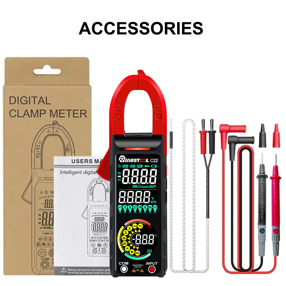 Mustool C22 DC/AC 400A Current Multimeter Digital Clamp Meter Ammeter Voltage Tester True RMS High Precision Live Wire Recognition NCV Induction Hz Capacitance Ohm others Dual VA Color Screen Backlight